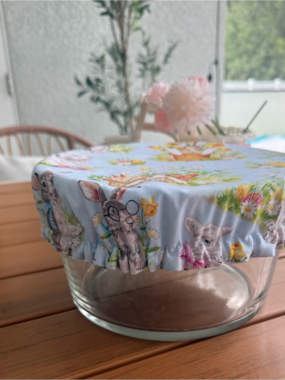 Reusable Light Blue Fabric Bowl Cover with Spring Animal Print